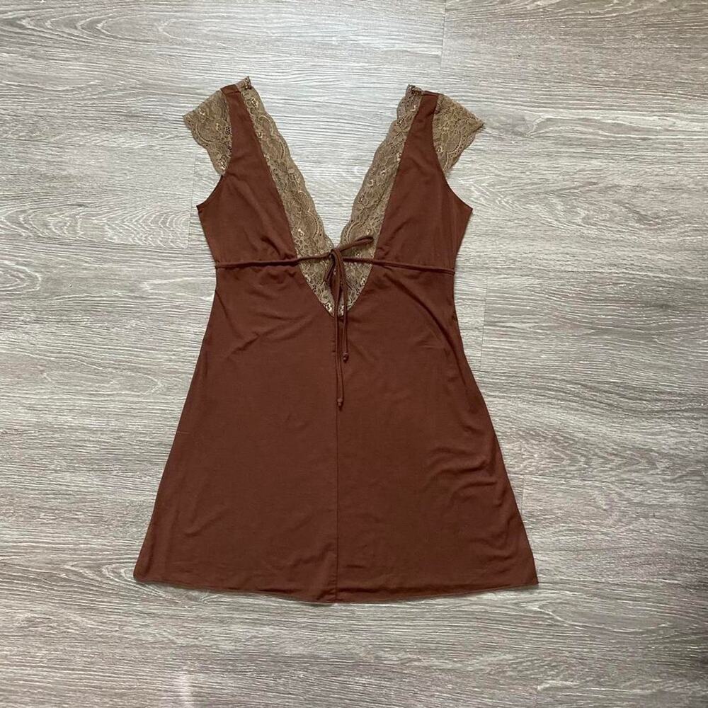 Y2k brown lace trim dress